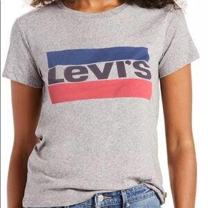 Levi's Heather Gray Tee with Blue and Red Logo Bars